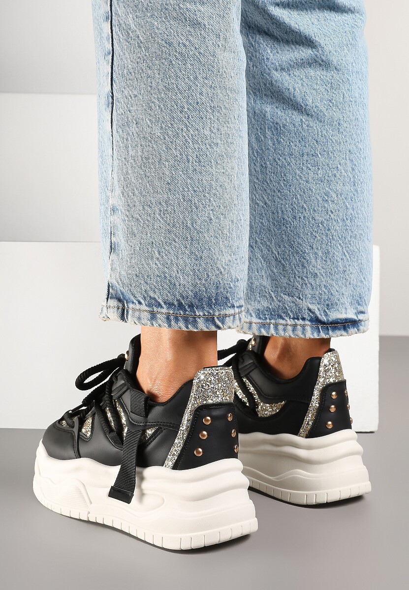 Czarne Sneakersy w Streetwearowym Stylu na Tłoczonej Platformie z Brokatem Mailienne