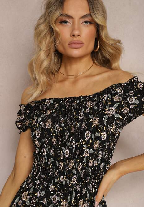 Czarno-Różowa Sukienka Hiszpanka z Wiskozy z Marszczoną Górą Isteria