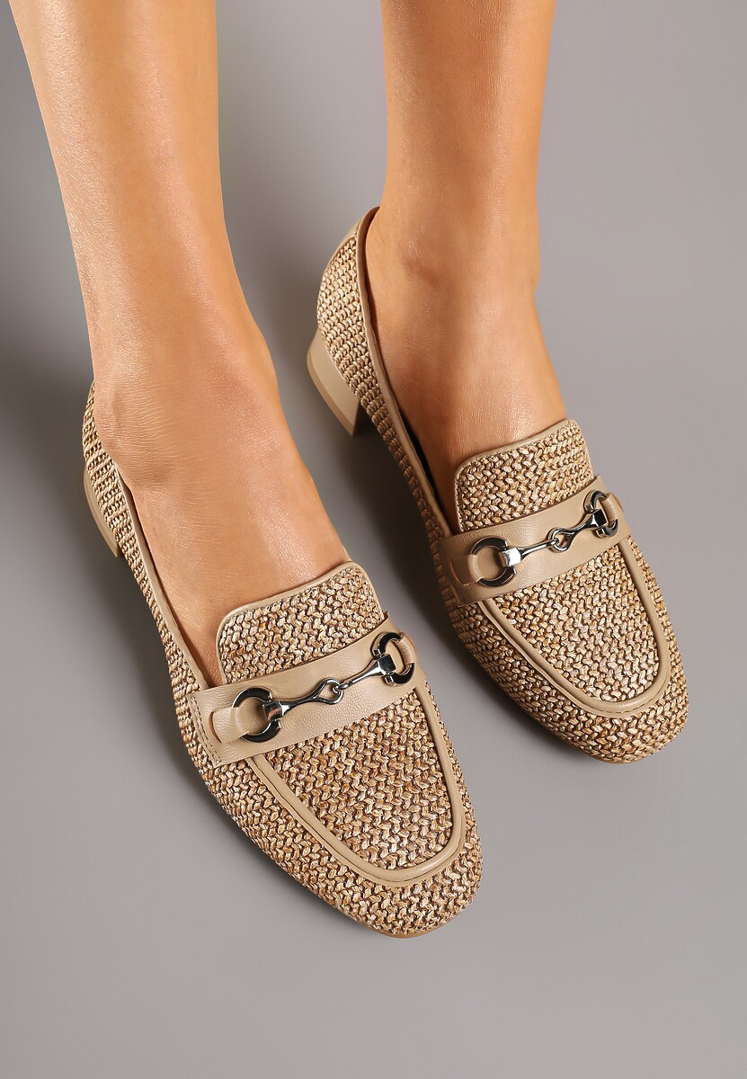 Beżowe Mokasyny z Wkładką ze Skóry Naturalnej Zdobione Plecionką i Aplikacją Falenitia
