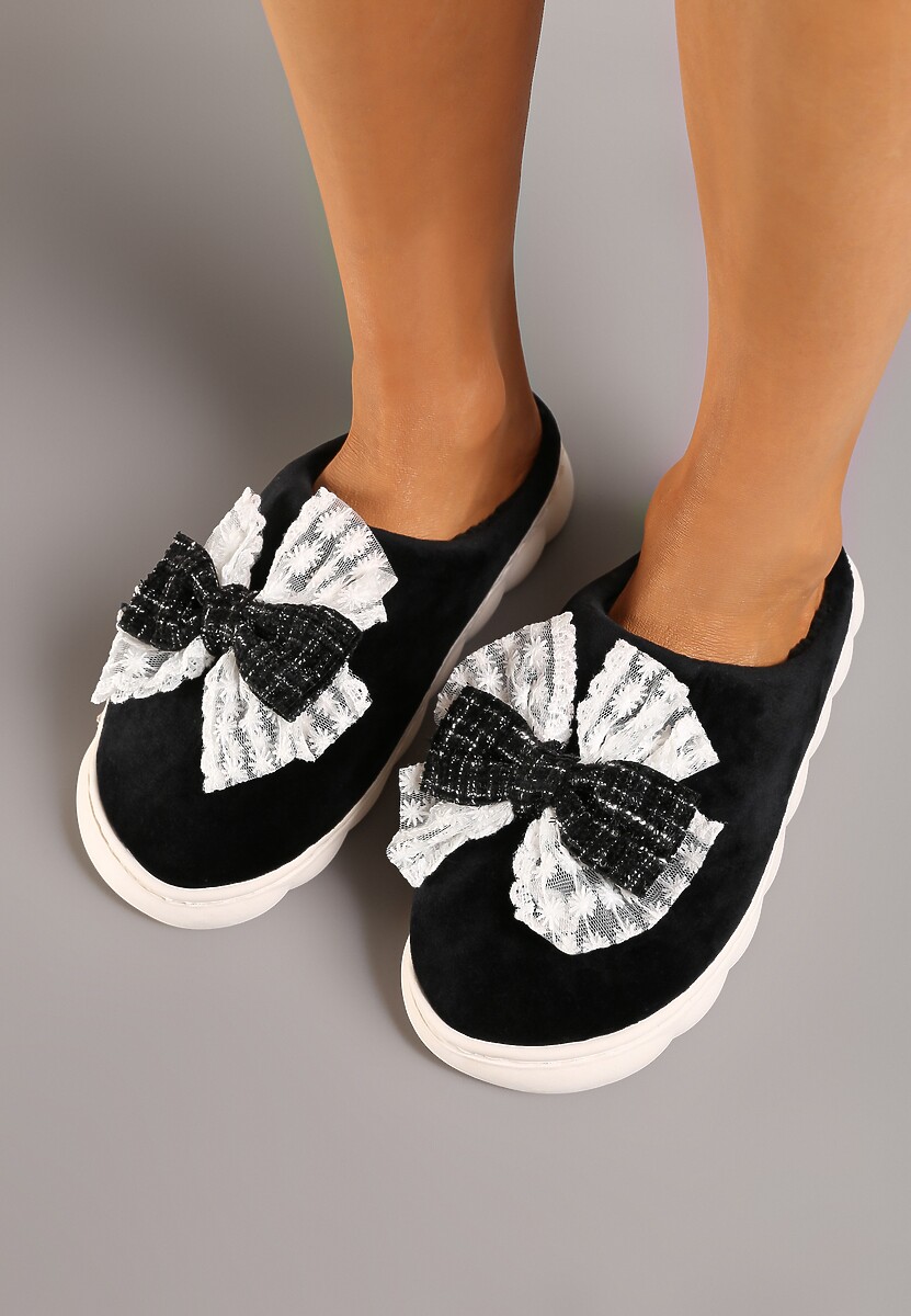 Czarne Kapcie Vices na Grubej Podeszwie z Ozdobną Kokardą Tinnella