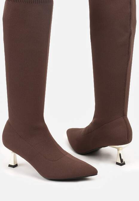 Brązowe Kozaki Vices na Kaczuszce Ozdobione Skarpetową Cholewką Asonelle