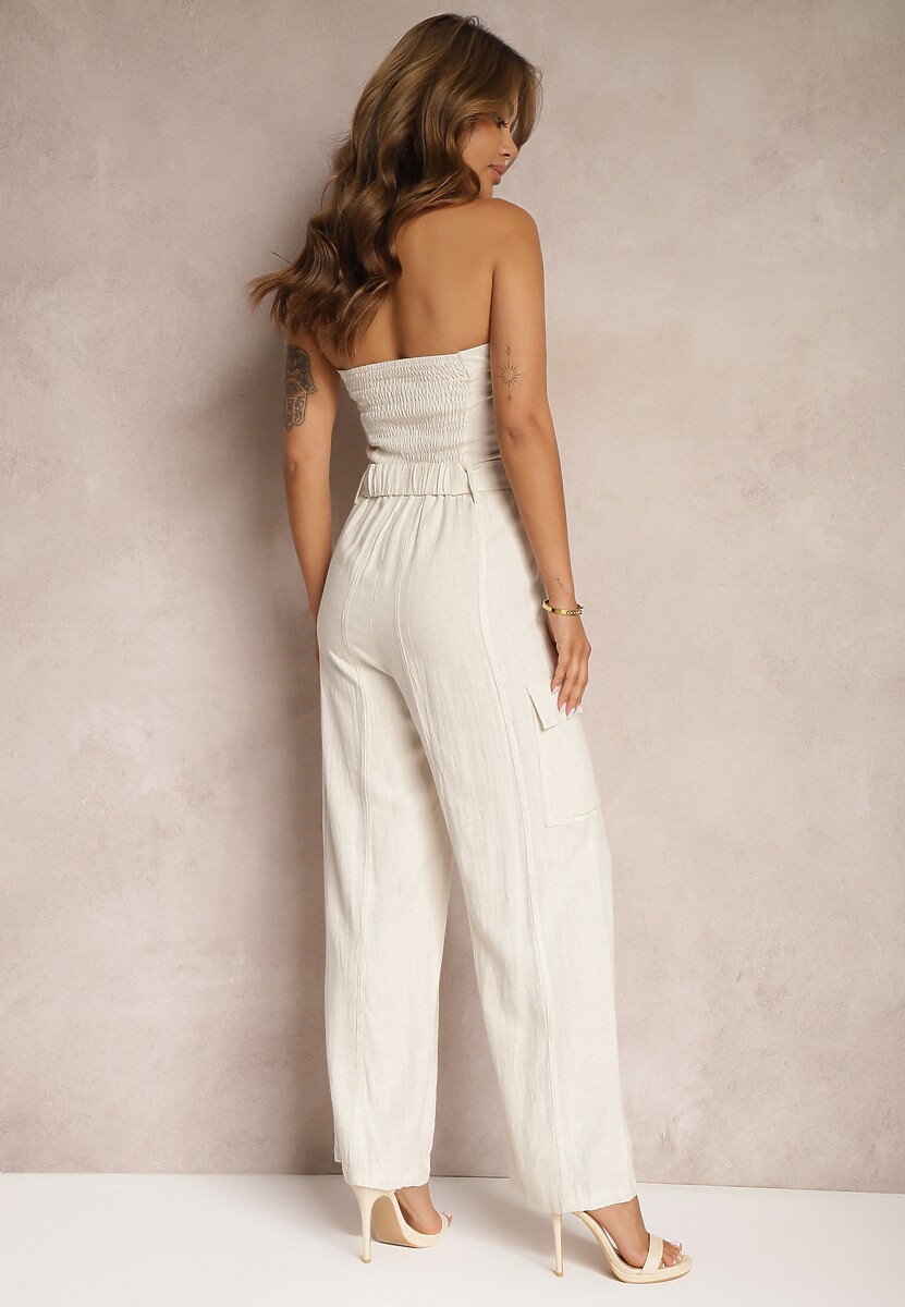 Jasnobeżowy Taliowany Kombinezon z Wiskozą i Lnem Rosefia