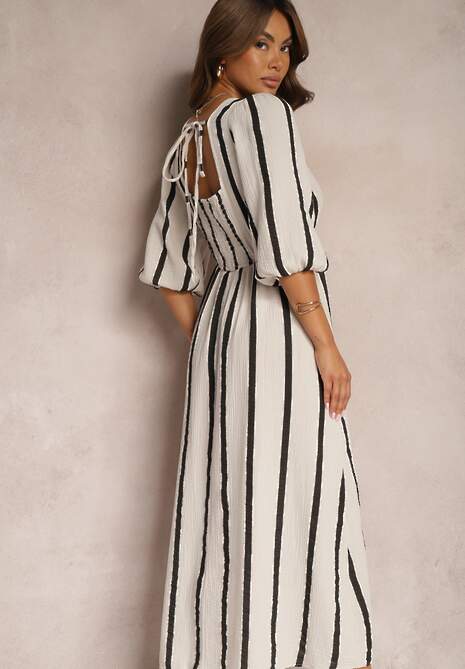 Biało-Czarna Bawełniana Sukienka w Paski o Rozkloszowanym Kroju Legelia