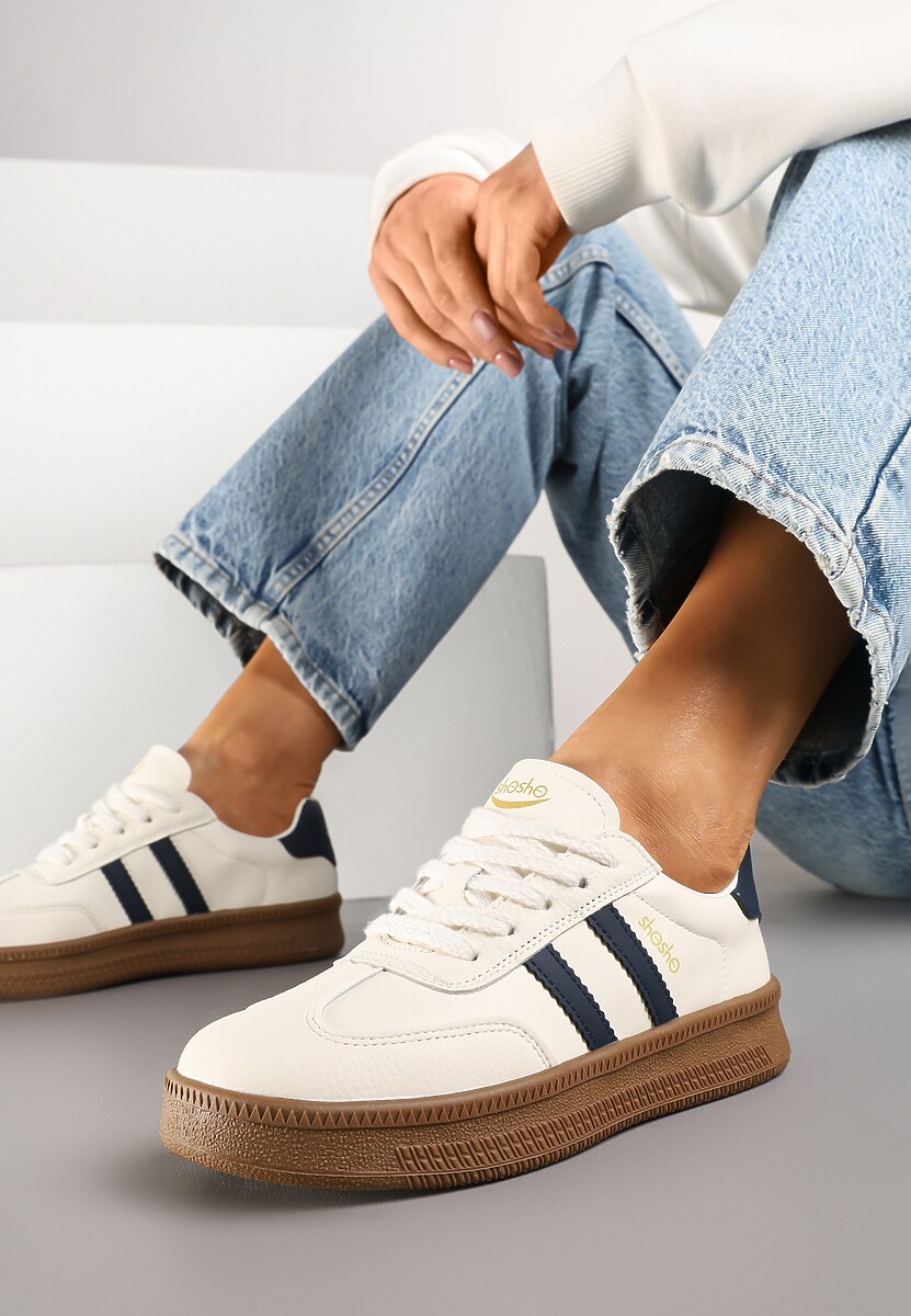 Beżowo-Granatowe Sneakersy Sportowe z Ozdobnymi Paskami i Przeszyciami Wenilan