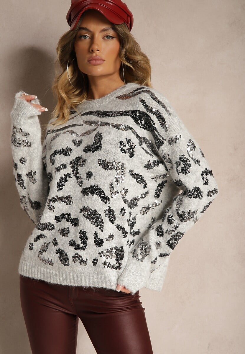 Szary Sweter z Wełną Ozdobiony Cekinowym Wzorem w Panterkę Issanoria