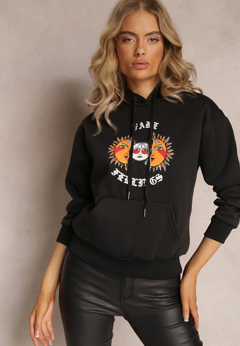 Czarna Bluza Kangurka z Nadrukiem i Kapturem Uvella