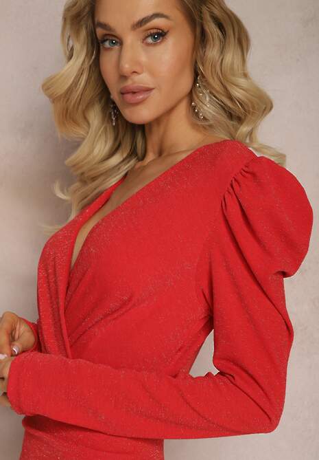 Czerwona Połyskująca Sukienka Kopertowa Mini z Marszczeniem Fioras