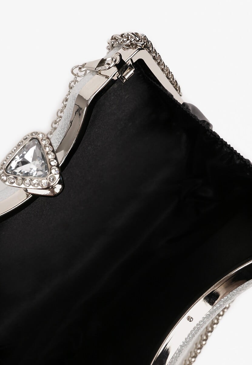 Srebrna Błyszcząca Torebka w Stylu Kopertówki z Odpinanym Łańcuszkiem Heriora