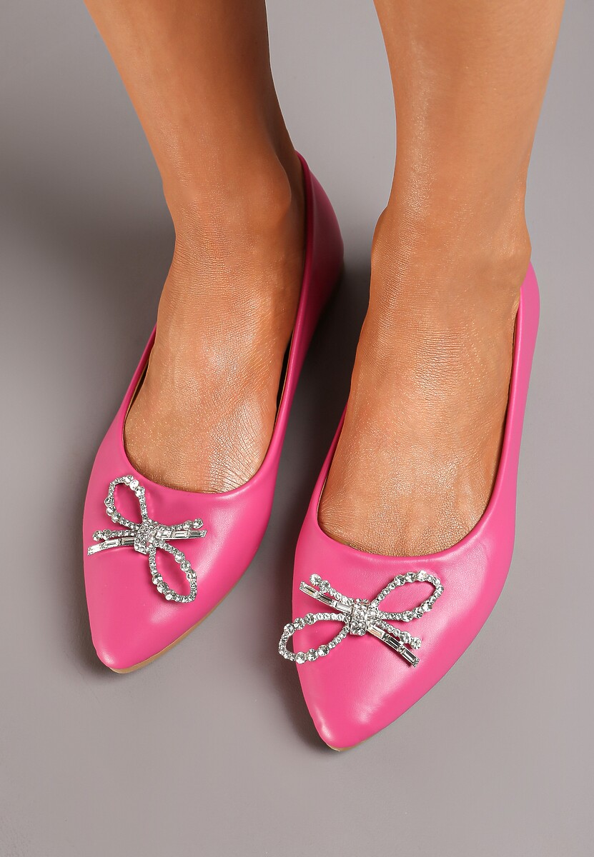 Różowe Balerinki na Płaskiej Podeszwie ze Skórzaną Wkładką Ozdobione Kokardką z Cyrkonii Tiavana
