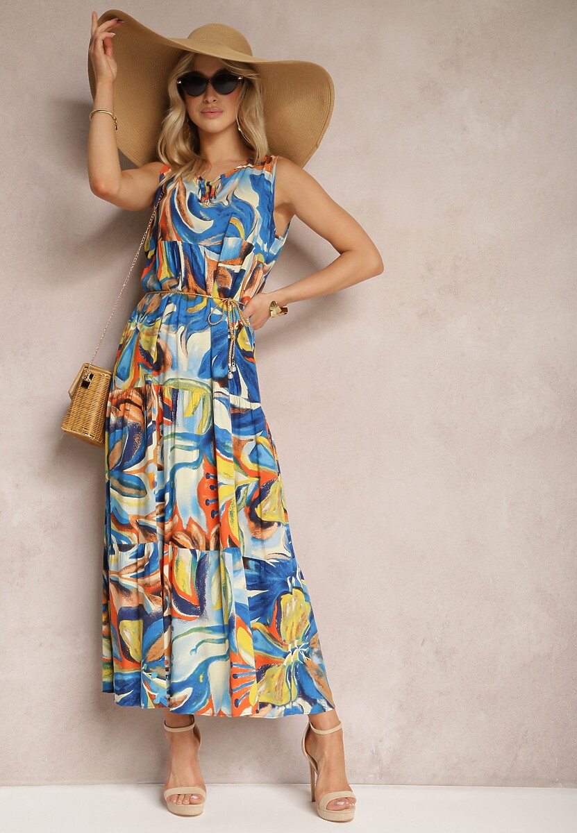 Niebieska Rozkloszowana Sukienka z Falbanką i Wiązaniem przy Dekolcie Karmilla