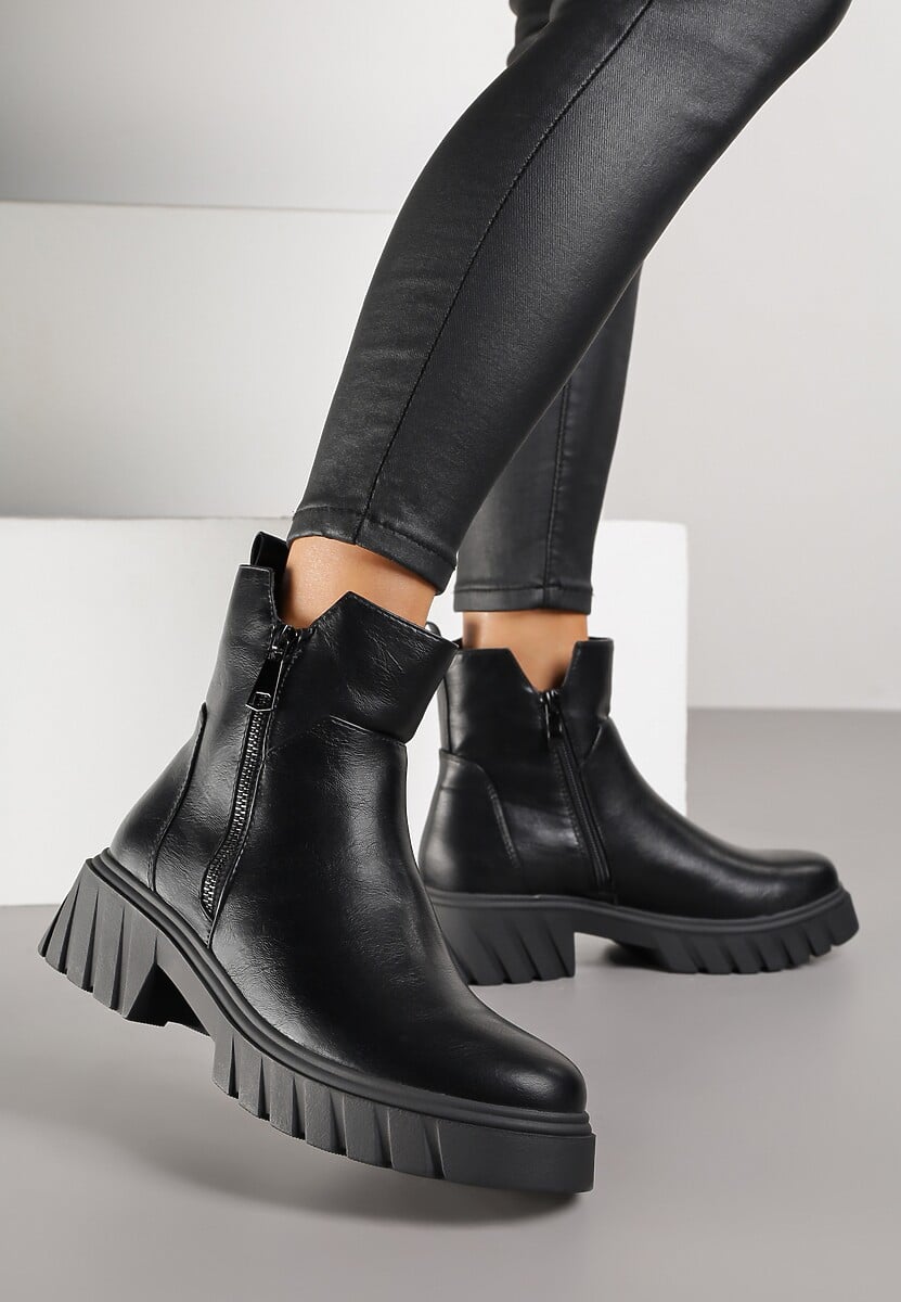 Czarne Botki do Kostki z Suwakiem na Grubej Podeszwie z Tłoczeniami Redvira