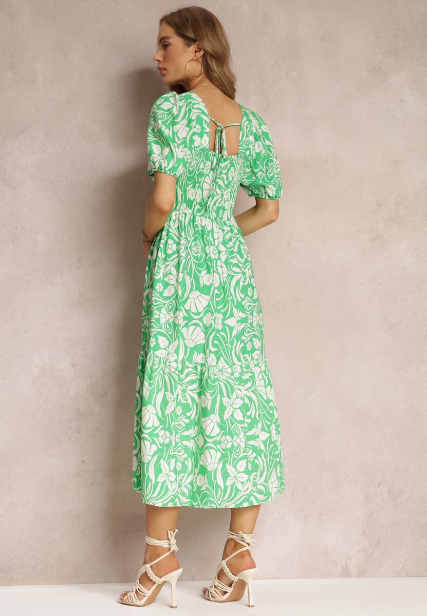 Jasnozielona Taliowana Sukienka Midi z Wiskozy w Kwiaty Alexanita