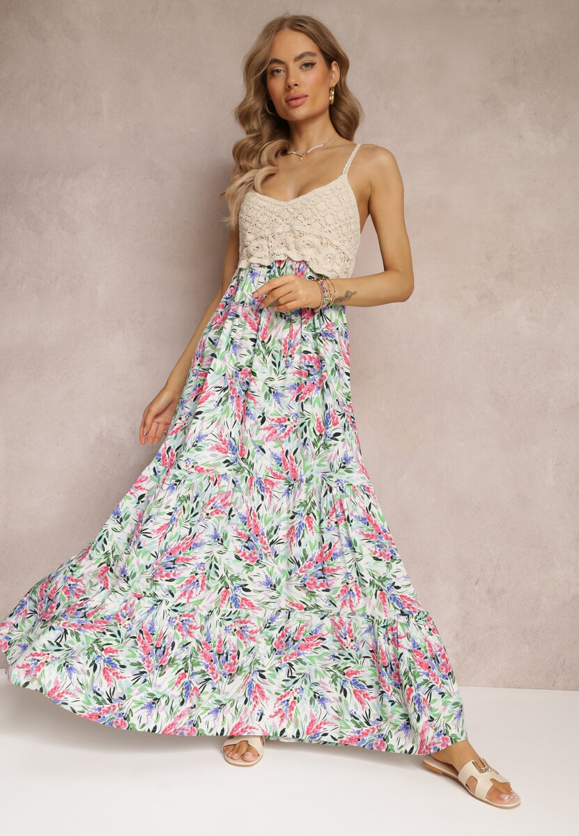 Niebieska Kwiecista Sukienka Maxi z Szydełkową Górą i Cienkimi Ramiączkami z Wiskozy Zanidora