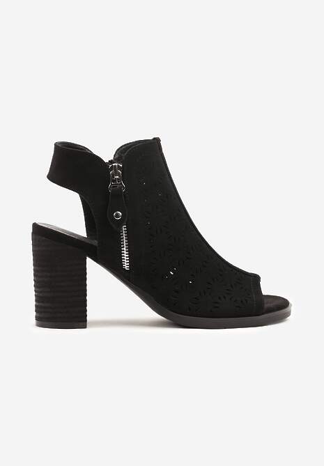 Czarne Sandały Botki Peep Toe na Obcasie z Ażurową Cholewką Julliane