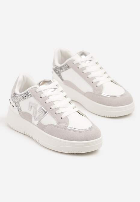 Biało-Szare Sneakersy Ozdobione Metalicznymi Aplikacjami i Brokatem Pilliossa