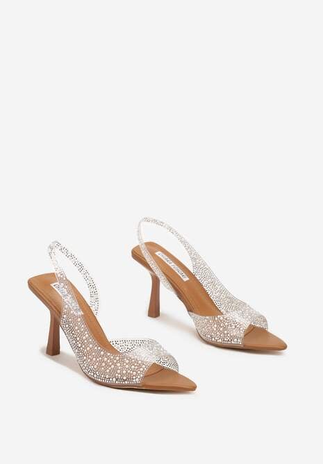 Ciemnobeżowe Sandały na Szpilce z Perełkami Cyrkoniami i Paskiem na Pięcie Inarelle