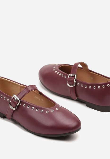 Bordowe Balerinki w Stylu Mary Jane ze Zdobieniem z Nitami Fennriva
