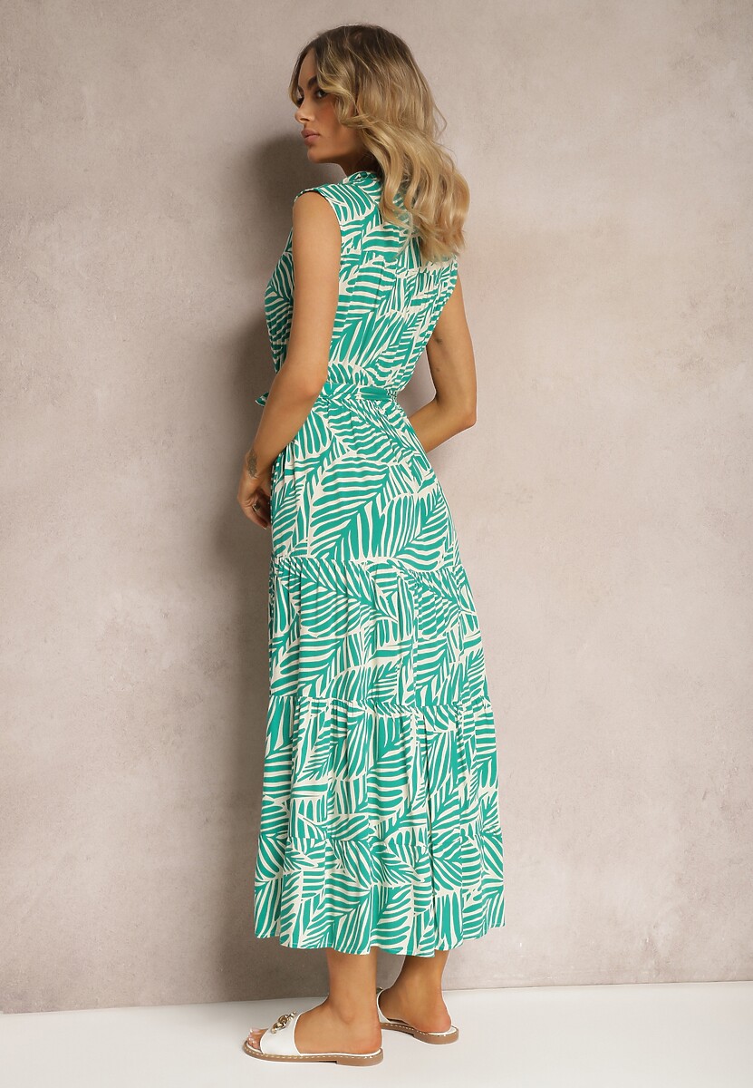 Zielona Rozkloszowana Sukienka z Wiskozy z Gumką w Pasie i Krótkim Rękawem Vienessa