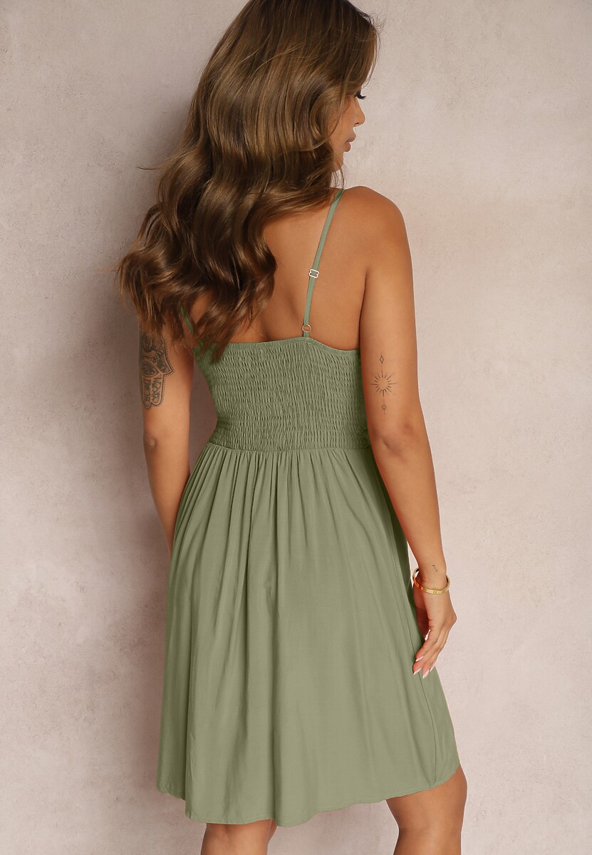 Ciemnozielona Kopertowa Sukienka z Bawełny na Ramiączkach z Regulacją i Gumką w Pasie Sennea