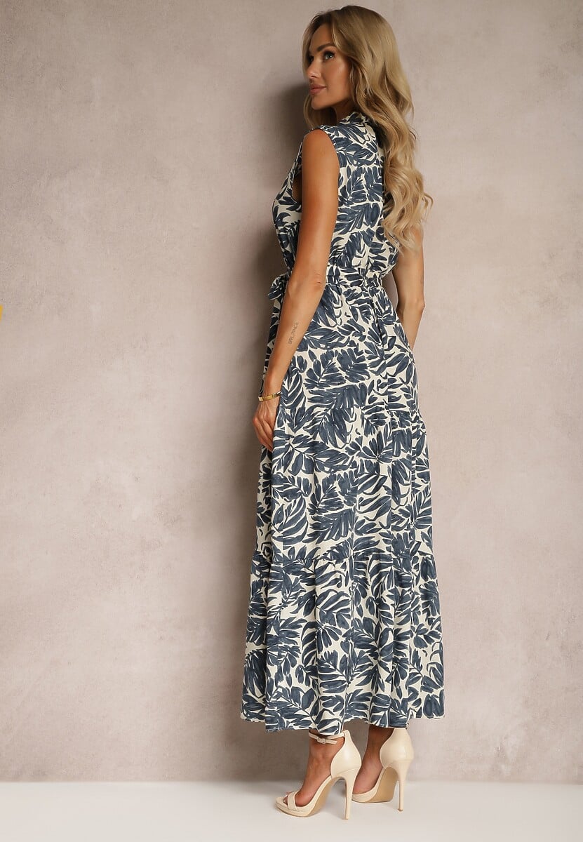 Granatowa Sukienka Maxi z Wiskozy o Rozkloszowanym Kroju Ozdobiona Falbanką i Paskiem Ninaste