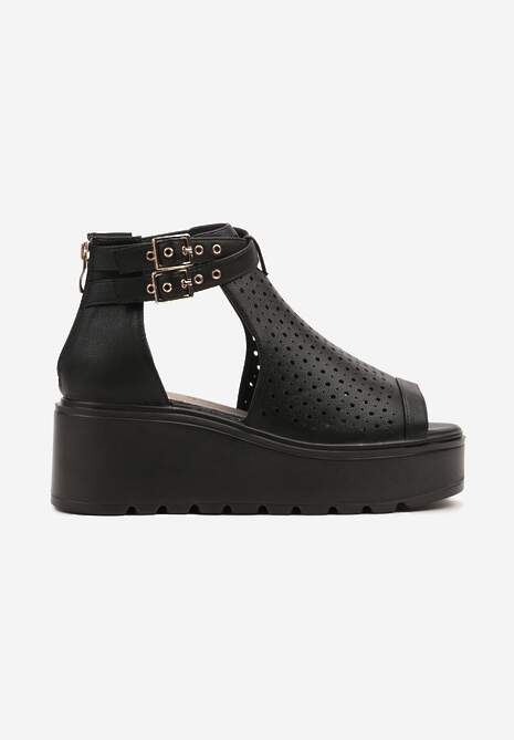 Czarne Sandały na Koturnie z Ażurową Cholewką i Skórzaną Wkładką Evialina