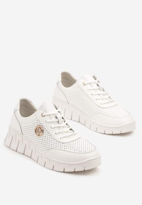 Białe Skórzane Sneakersy z Metaliczną Ozdobą i Skórzaną Wkładką Milothra