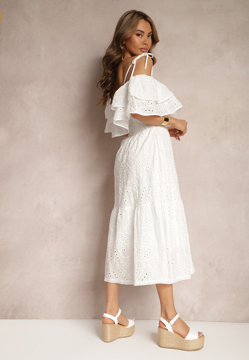 Biała Bawełniana Sukienka Hiszpanka z Gumką w Pasie i Falbanką Pavaria