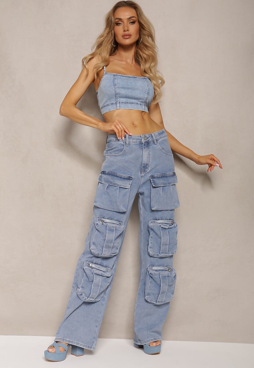 Niebieskie Spodnie High Waist z Prostymi Nogawkami i Ozdobnymi Kieszeniami Quliana