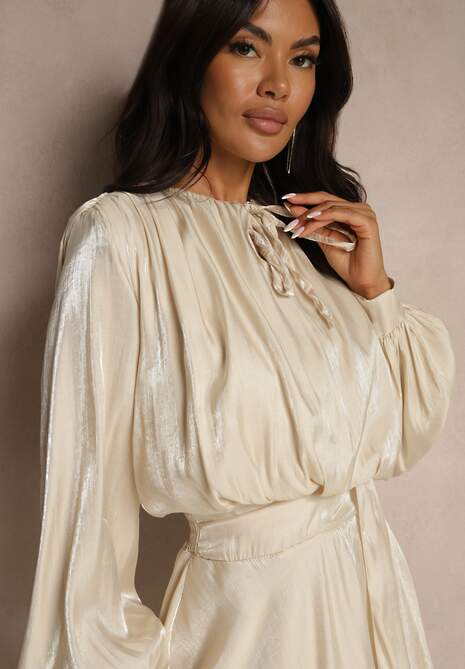 Beżowa Sukienka z Wiskozy z Falbanką i Wiązaniem Finlio