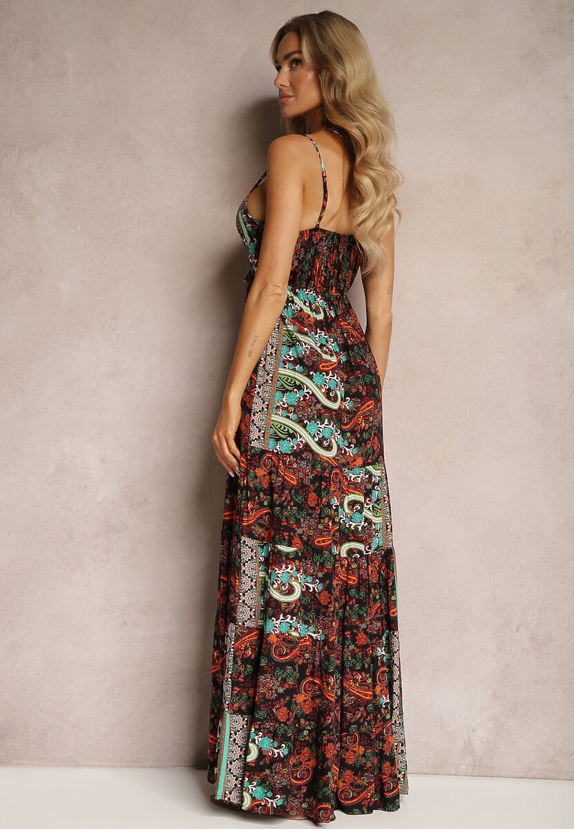 Czarno-Pomarańczowa Rozkloszowana Sukienka z Wiskozy na Ramiączkach z Falbanką i Gumką w Pasie Tantia