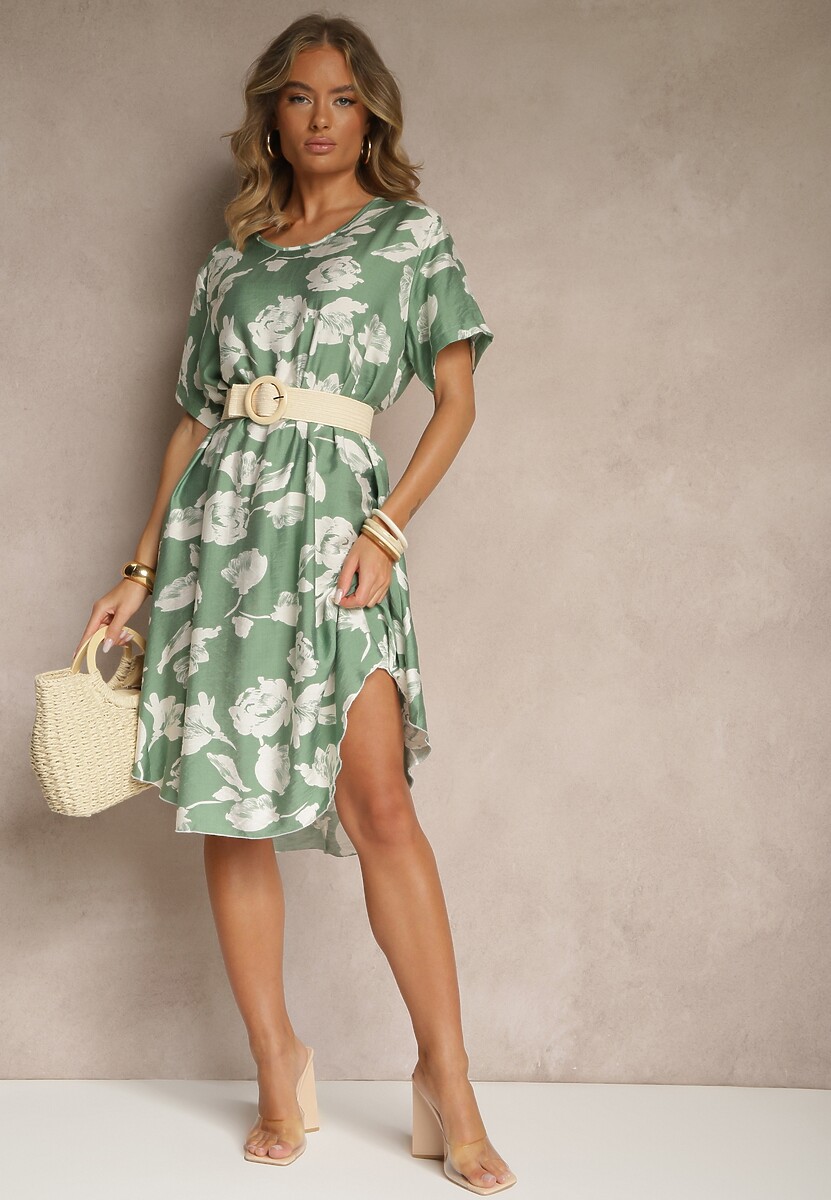 Ciemnobeżowa Sukienka Pudełkowa z Wiskozy w Kwiaty Aranolia