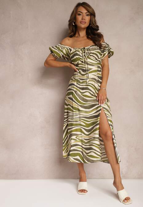 Ciemnozielona Sukienka z Bawełną i Wiskozą Ściągana przy Dekolcie Dimittha