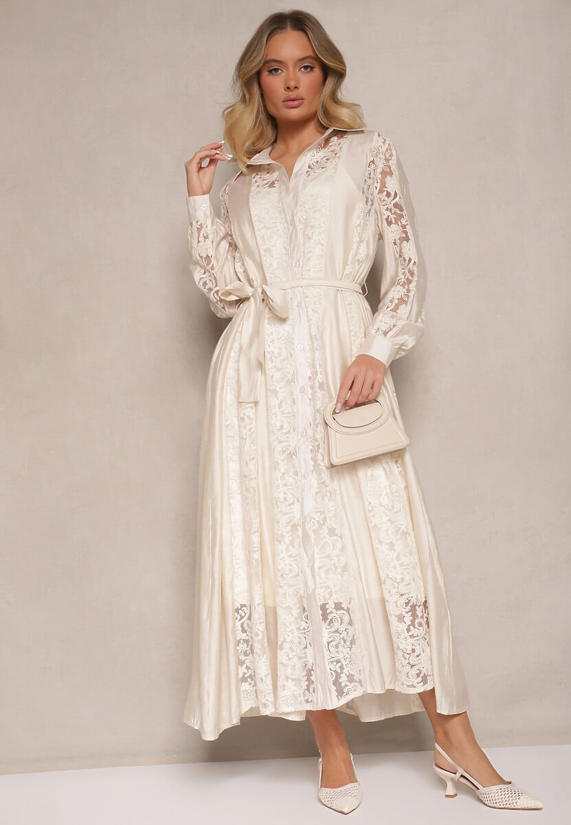Beżowa Haftowana Wiskozowa Sukienka Rozkloszowana z Bawełną i Paskiem Zenvivi
