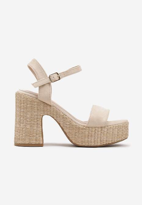 Beżowe Sandały na Słupkowym Obcasie z Plecionką w Stylu Boho Reliora