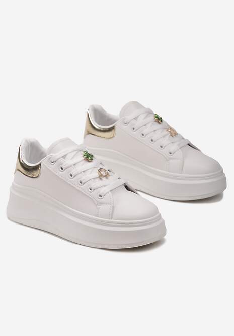 Biało-Złote Sneakersy Ozdobione Cyrkoniami i Kwiatami na Grubej Podeszwie Rainasse