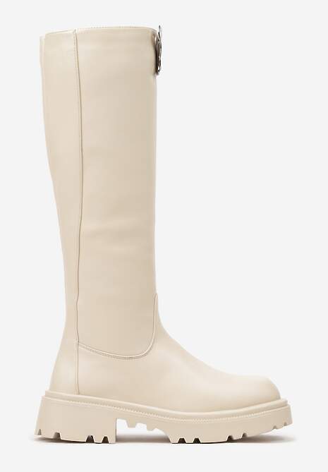 Beżowe Płaskie Kozaki Ozdobione Motylem 3D Remidra