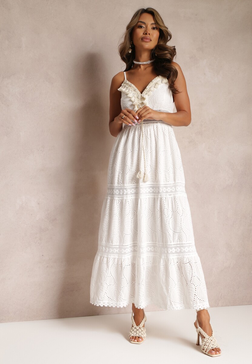Biała Koronkowa Sukienka Maxi z Ozdobnym Dekoltem i Cienkimi Gumkami Hogdeiess