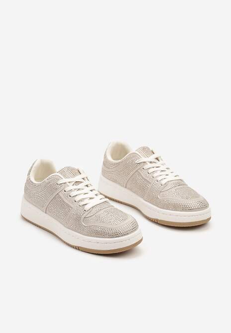 Beżowe Sneakersy na Płaskiej Podeszwie Wykończone Cyrkoniami Vlisina