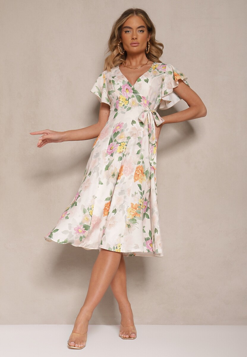 Beżowa Kopertowa Sukienka w Kwiaty Atesalia