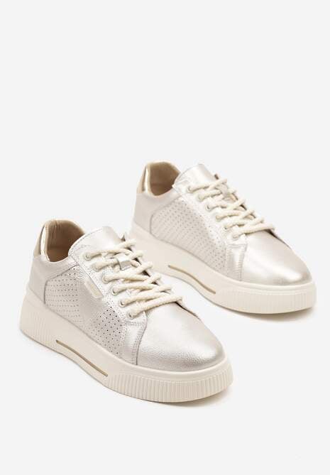 Złote Sneakersy Typu Tenisówki ze Skóry Naturalnej z Ozdobną Perforacją Vivallie