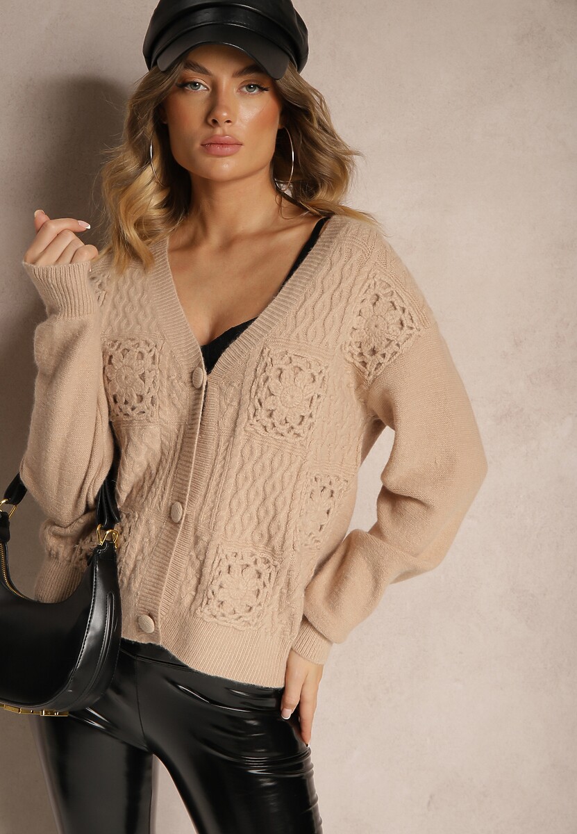 Ciemnobeżowy Ażurowy Kardigan na Guziki Nolila
