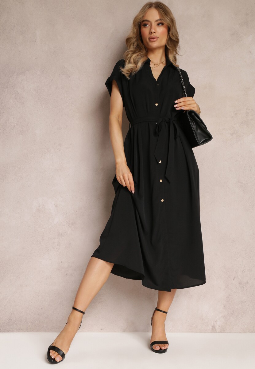 Czarna Koszulowa Sukienka z Krótkimi Rękawami i Wiązanym Paskiem Denalia