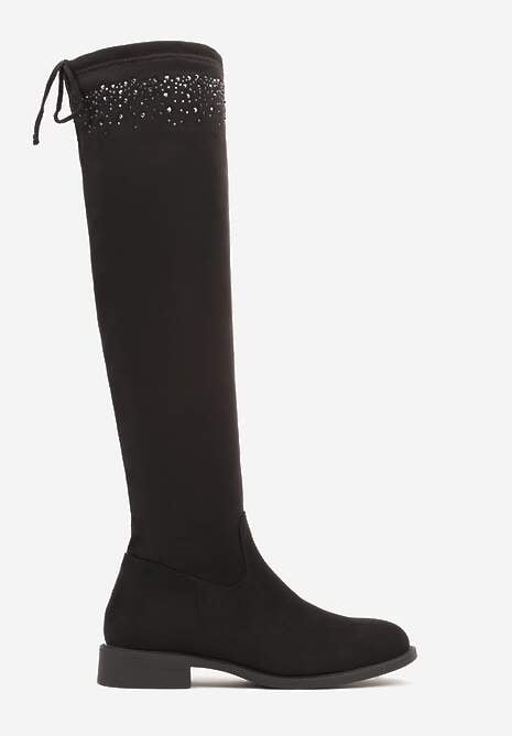 Czarne Kozaki Muszkieterki na Płaskiej Podeszwie Ozdobione Cyrkoniami i Sznurkiem Floralind