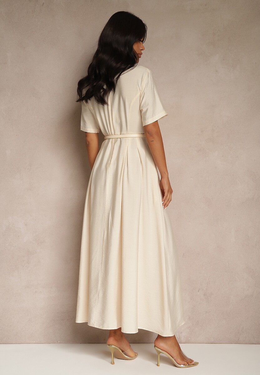 Beżowa Rozkloszowana Sukienka z Lnu i Wiskozy z Paskiem ze Sprzączką Linoretia