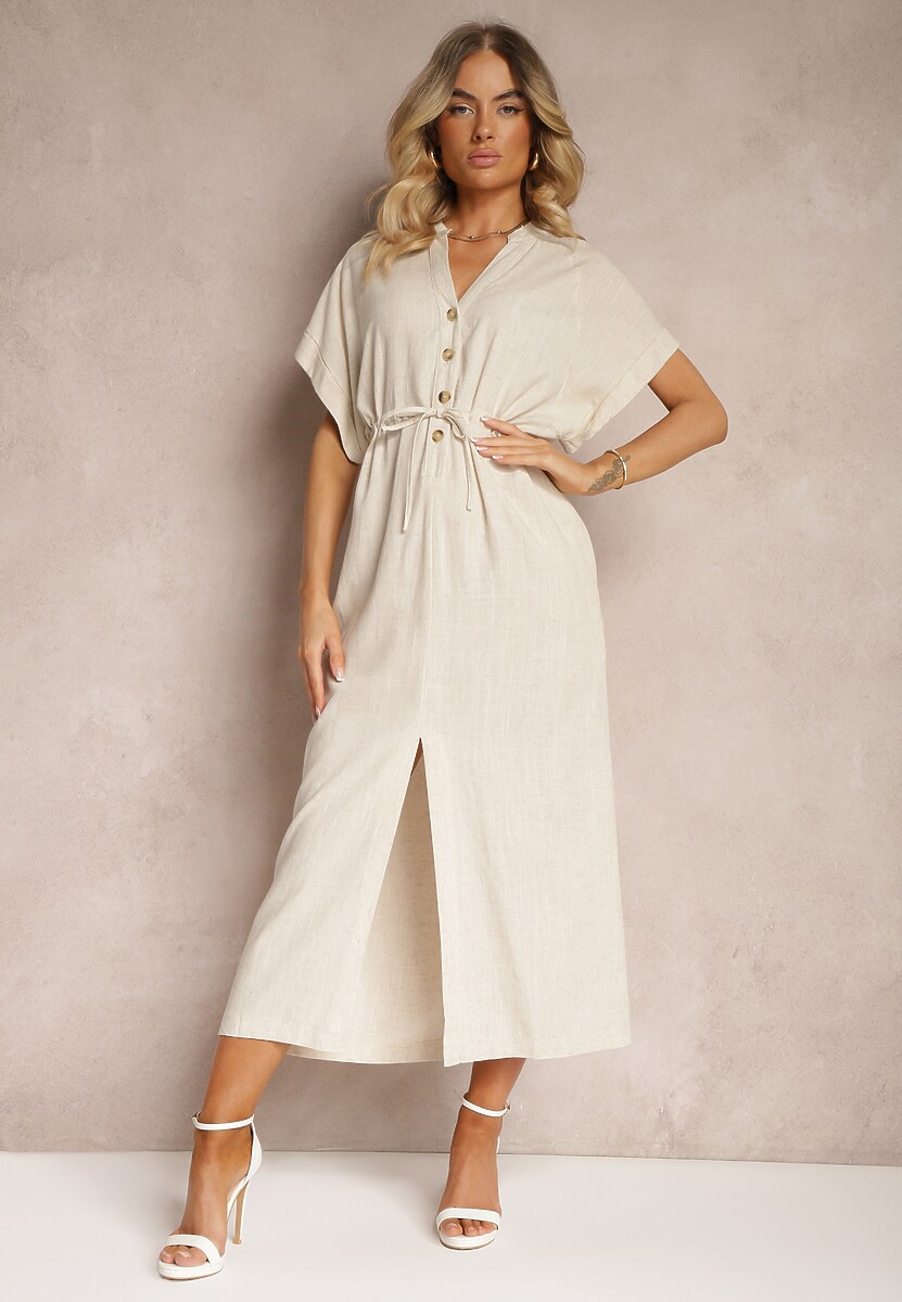 Beżowa Sukienka z Bawełny z Górą o Koszulowym Kroju Ściągana w Pasie Viklia