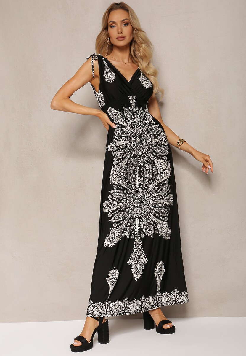 Granatowa Sukienka z Ornamentalnym Wzorem Sznurkami Przy Ramionach i Gumką w Talii Alerada