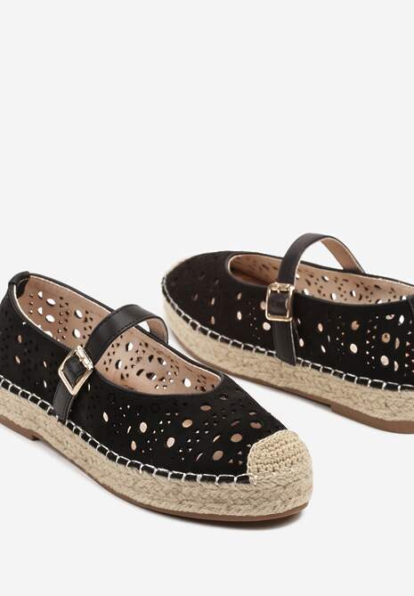 Czarne Płaskie Espadryle z Plecionką i Ażurową Cholewką Aralithra
