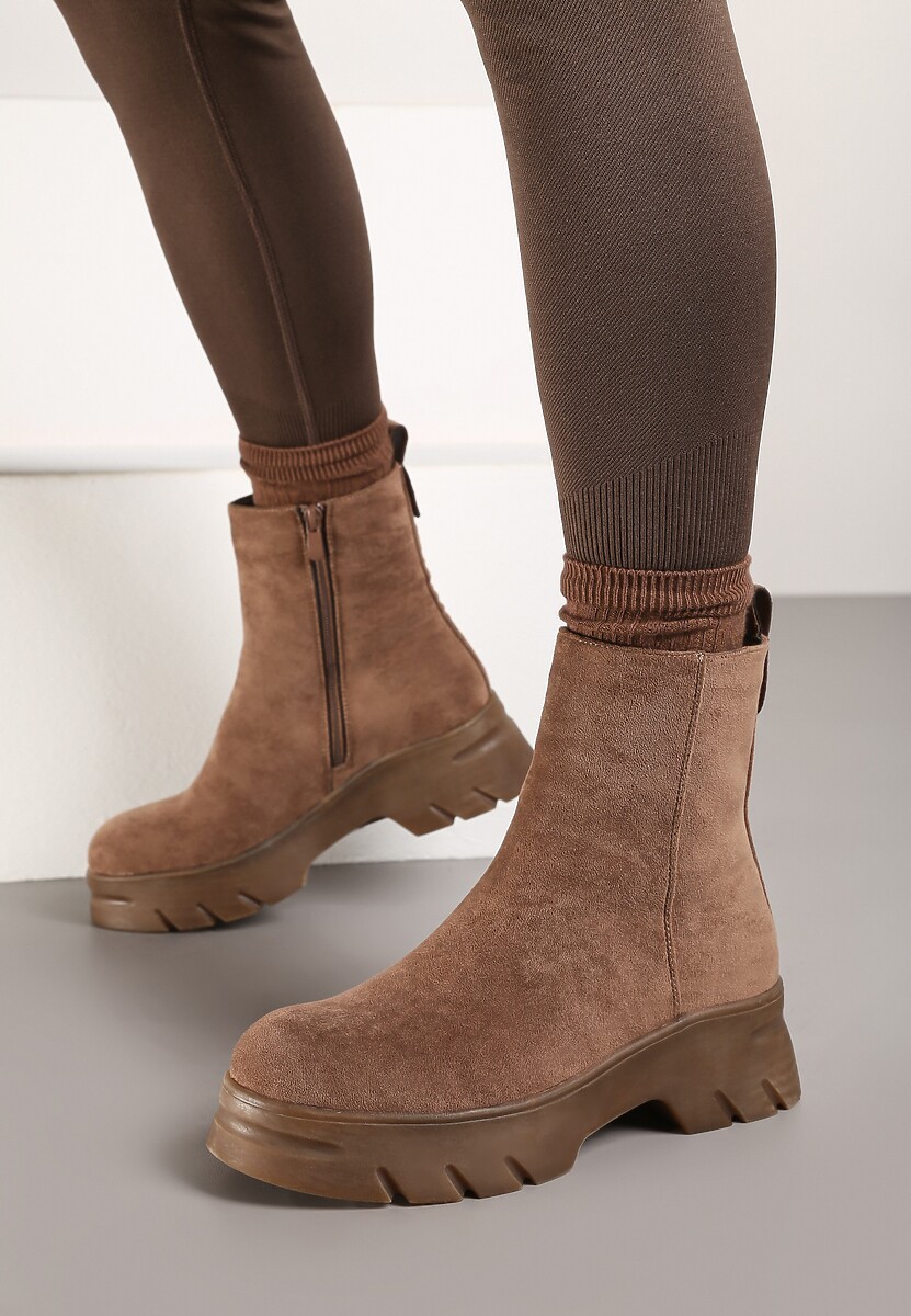 Ciemnobeżowe Casualowe Botki z Ekozamszu na Platformie Naolara