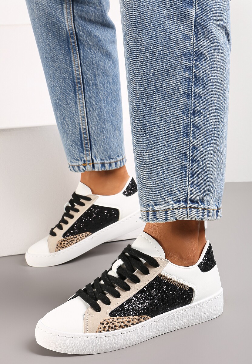 Biało-Czarne Sneakersy na Płaskiej Podeszwie z Ozdobnymi Wstawkami i Brokatem Jivina