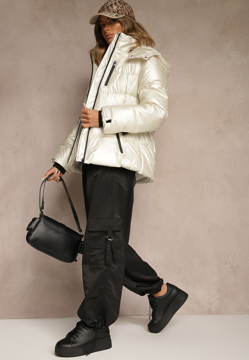 Biała Kurtka Zimowa Y2K z Pikowaniem i Paskiem ze Sprzączką Cerrive